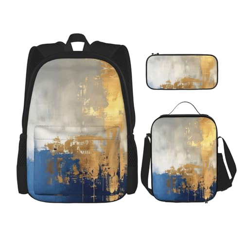 Gold Blue White Print 3 Piece Backpack Set, Laptop Daypack, Lightweight Bookbag Set With Lunch Bag Pencil Case