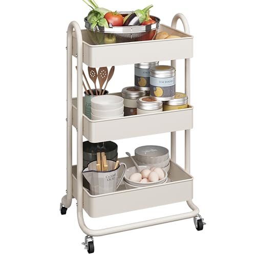 MIOCASA 3-Tier Metal Utility Rolling Cart, Heavy Duty Multifunction Cart