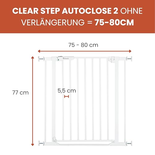 hauck Clear Step Autoclose 2, Weiß - Kinderschutzgitter Hundegitter Verstellbare Breite 75-80cm, 77cm Hoch, Selbstschließend, Flacher Einstieg, Beidseitige Einhand Öffnung, ohne Bohren