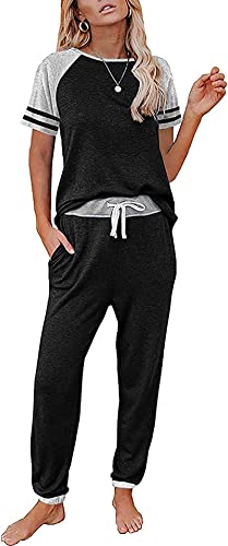 Image of PRETTYGARDEN Women's Two Piece Outfits Striped Short Sleeve Pullover and Long Pants Tracksuit Pajama Lounge Jogger Sets