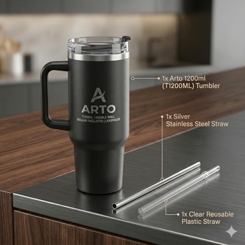 Image of Arto Stainless Steel Insulated Tumbler with Handle and Straw, 1200 ml, Leakproof Lid, Cup Holder Friendly - Multicolour (POF-1)