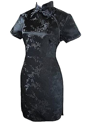 Vintage Drache und Phoenix Kurz Qipao Elegant Frauen Cheongsam Mandarinenkragen Sexy Mini Chinesisches Kleid Oversize, Schwarz 3, Medium
