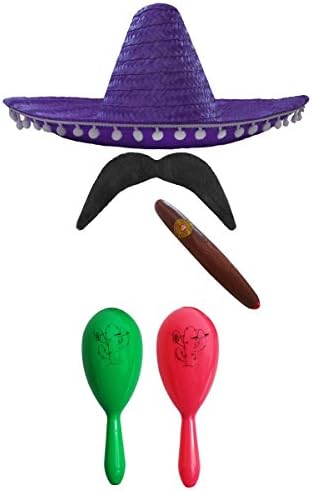 MEXICAN FANCY DRESS ACCESSORY SET. MEXICAN SOMBRERO + MARACAS + TASH. PERFECT FOR MEXICAN FANCY DRESS COSTUMES SENORITA BANDIT MARIACHI (BLACK POM POM SOMBRERO + GREEN AND RED MARACAS)
