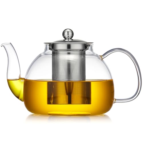 Glass Tea Pot with Infuser and Lid 1300ml/44oz, Paperless Borosilicate-Glass Carafe, Tea Kettle for Flower Tea