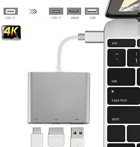 Type C to HDMI Hub Adapter, Hyfanda 3-in-1 USB-C to HDMI USB 3.0 Type-C Female Adapter Charging and Video Converter for New MacBook ChromeBook Pixel HDTV Projector and More Type-C Devices - Silver