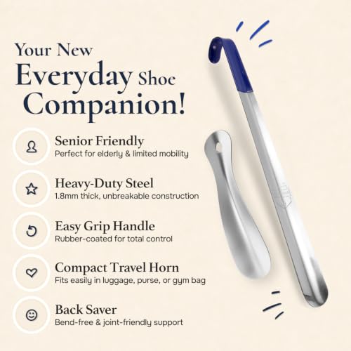 Image of HOUNDSBAY 16.5 inch Long Handled Metal Shoe Horn with Comfort Grip - New 2019 Model with 1.8mm Thick Steel - Will Not Bend