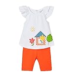 1 Camiseta manga corta, manga con motivo de volantes, cuello redondo, botones traseros para facilitar la puesta, estampado frontal con dibujo infantil