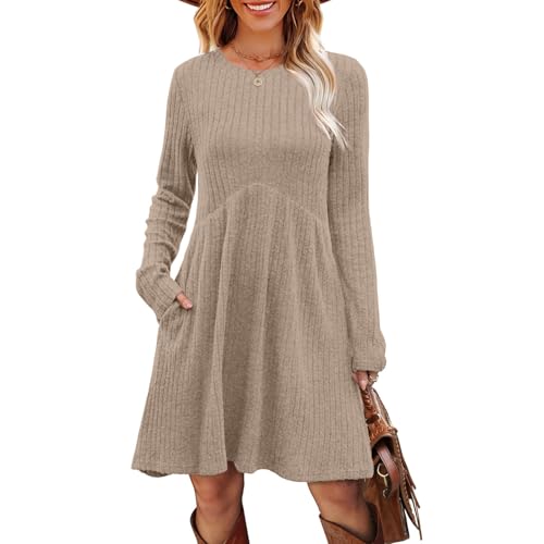 Kleid Damen,Damen Kleid Rundhals Strickkleid Leicht Herbstkleid Mit Taschen Langarm Tunikakleid Kleider Für Herbst Winter（01-Khaki,XXL）
