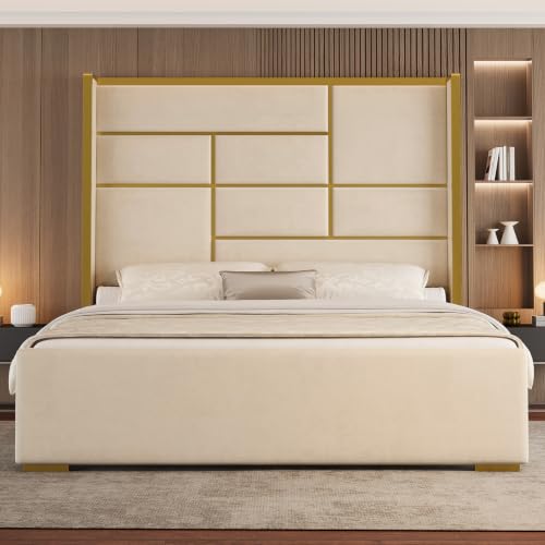 Belffin Queen Bed Frame with Gold Trim Headboard, Upholstered Bed, Beige