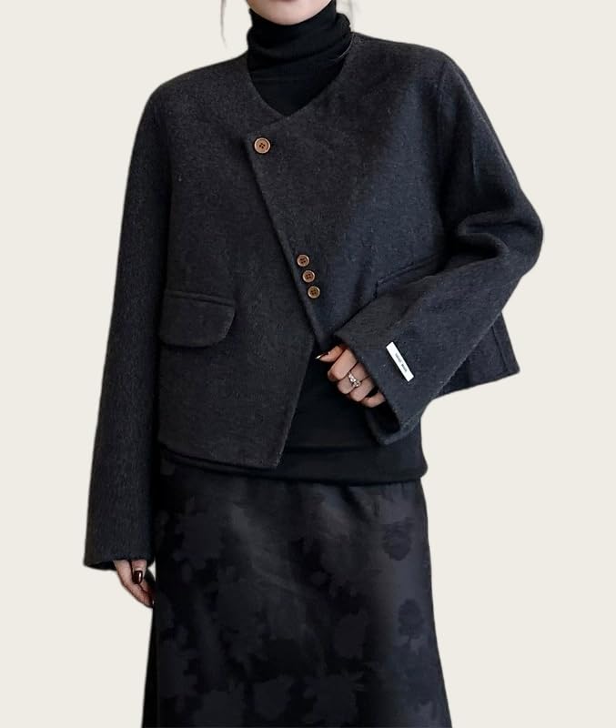 Women's 100% Wool Double-Sided Short Pea Coat - Collarless, Solid Colors3