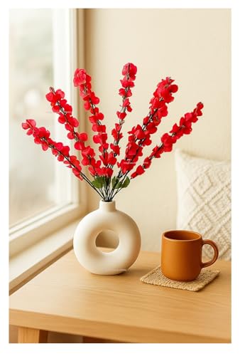 Image of SPHINX Ceramic Vase with Artificial Flowers| Flower Vase for Home Decor,Living Room,Dining Table & Office| Boho Minimalist for Decoration, (Donut with 2 Cherry Bunches) Flower Colour as per Stock