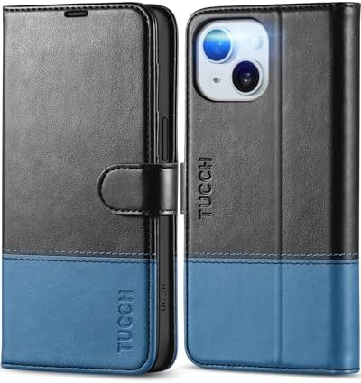 TUCCH Wallet Case for iPhone 15 (6.1") 2023, Magnetic Protective PU Leather Flip Folio Cover with [RFID Blocking][Credit Card Holders]Viewing Stand[Shockproof TPU]Compatible with iPhone 15, Lake Blue