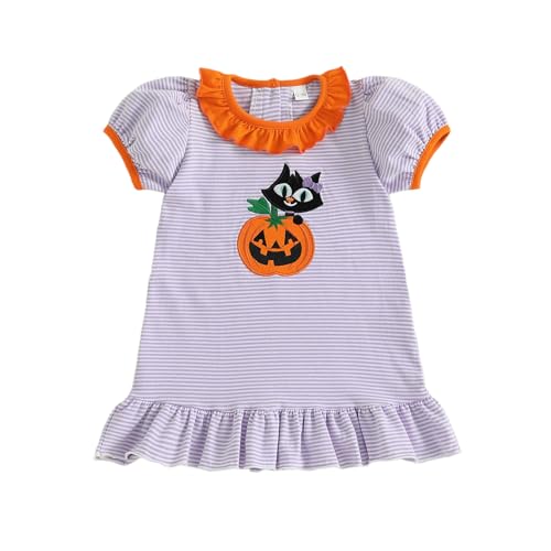 Toddler Baby Girl Halloween Clothes Pumpkin Embroidery Striped Puff Short Sleeve Dress Tunic Shirts (Purple 2-3 Years)