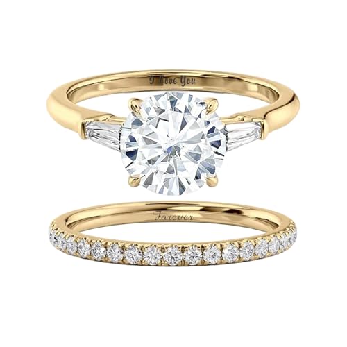 SISGEM 10K 14K 18K Solid Gold Moissanite Engagement Rings Bridal Set for Women, 1-3 Carat Round-cut Moissanite Tapared Baguette Three Stone Wedding Band Set Promise Rings for Her