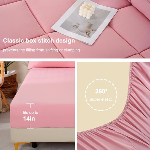 DOWNCOOL Full Size Comforter Sets, 7Pcs Full Size Bedding Sets Pink, All Season Down Alternative Bedding Comforter Sets with Comforter, Flat Sheet, Fitted Sheet, 2 Pillow Shams & 2 Pillowcases