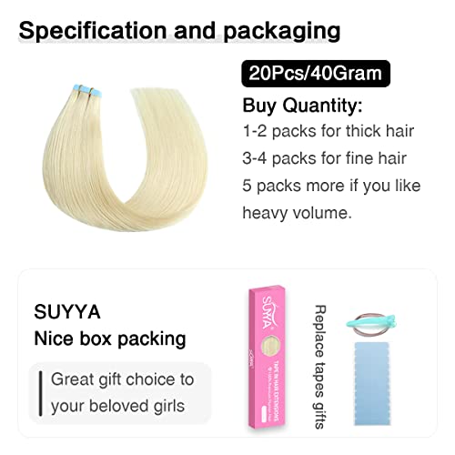 Image of SUYYA Tape In Hair Extensions Human Hair 14 Inch #60 Platinum Blonde