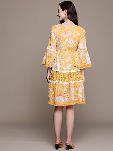 Image of ishin Women's Cotton Blend Embroidered A-Line Knee Length Dress