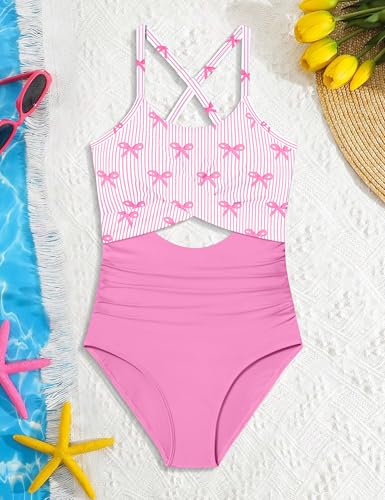 Image of Girl Swimsuit One Piece Cutout Ruched Bathing Suit for Girls Color Block Adjustable Straps Pad Swimwear 9-18y