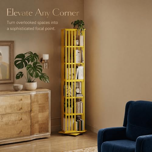 Image of Lauxery 6 Tier Bamboo Rotating Bookshelf Tower for Reading Corner, Gold | 360 degree smooth rotation, 1200 lbs total capacity, 1.71 sq ft small footprint, dual shelf heights, for small space