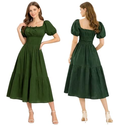 Image of BOOSTY Women's Puff Sleeve Smocked Midi Dress, Square Neck A-Line Dress