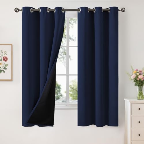 Image of YoungsTex 100% Blackout Curtains for Bedroom 63 Inches Long, Navy Blue Full Room Darkening Drapes Thermal Insulated for Living Room, 2 Panels, 38 X 63 Inch
