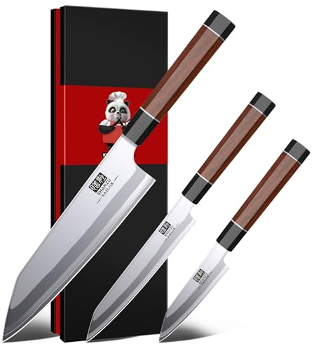 SHAN ZU 3PCS Japanese Knife Set, 9 Layers 10Cr15MoV High Carbon Steel Professional Kitchen Knives, Sharp Chef Knife Set with Ergonomic Red Sandalwood Handle, Sashimi Cooking & Cutting Knives Set