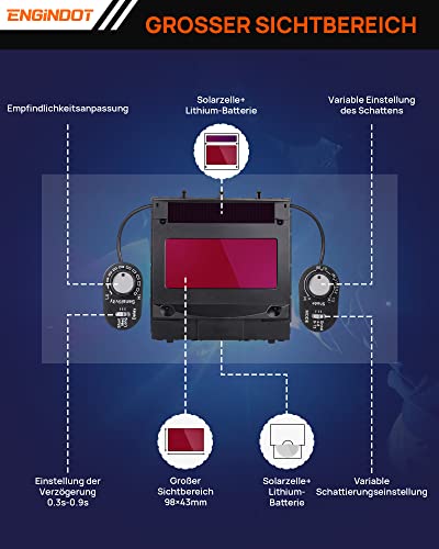 Schweißhelm, ENGINDOT Automatik Verdunkelung Schweißmaske, optische Klasse 1/1/1/1 Schweißmaske mit 4 Sensoren, Vollschattenbereich 4/4-8/9-13, Wig MIG MAG Modi etc., 6 Ersatzlinsen - Image 7