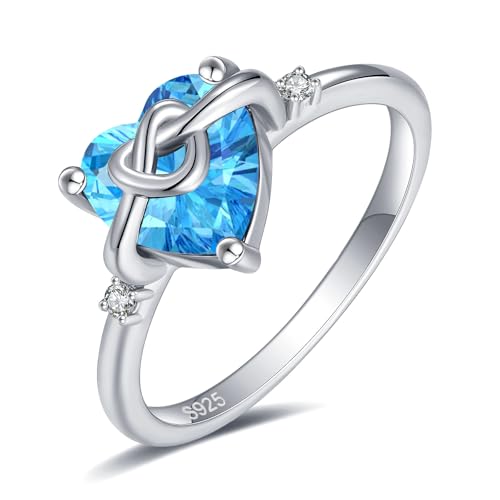 925 Sterling Silver Heart Knot Ring with Blue Gemstone Center & Diamond Accents in Sterling Silver Women Daughters or her Jewelry Gifts （aLL） Silver&Blue
