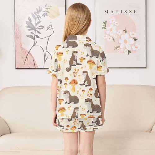 ALAZA Otter Mushroom Cartoon Pajamas Satin Pajama Set Short Sleeve Button Down Sleepwear4