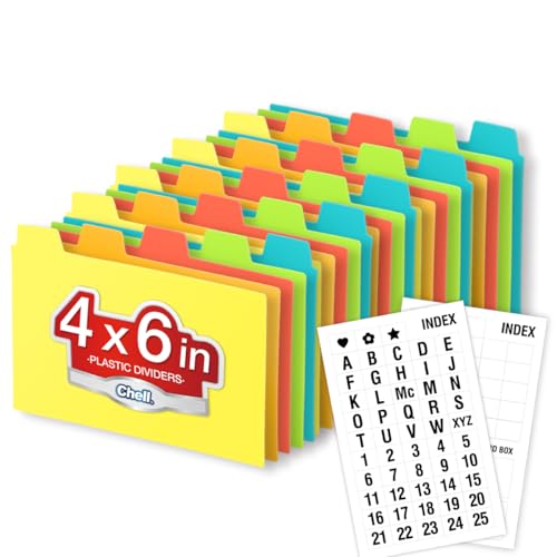 Chell 4x6 Plastic Index Card Dividers, Heavyweight Poly Index Card Guides A-Z for Flash Cards and Recipe Cards, with Alphabetical/Blank Stickers, Pack of 25