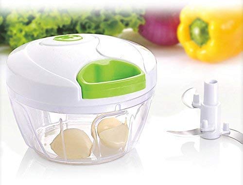Aadmora Plastic & Steel Vegetable Handy Mini Chopper Cutter for Veg Chilly Onion Ginger Garlic, 400ml (Green and White)