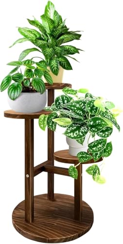 Image of GEEBOBO 3 Tier Plant Stand Indoor | Tiered Wood Plant Stand for Indoor Plants, 21 inch Height Space Saving Small Corner Plant Shelf, Plant Stands (Brown)