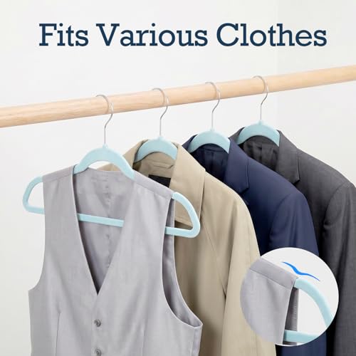 Image of HOUSE DAY Sky Blue Velvet Hangers 60 Pack, Non Slip Clothes Felt Hanger Heavy Duty for Coat, Premium Slim Space Saving Suit Hangers for Closet Organizer, 360 Rotating Silver Hook