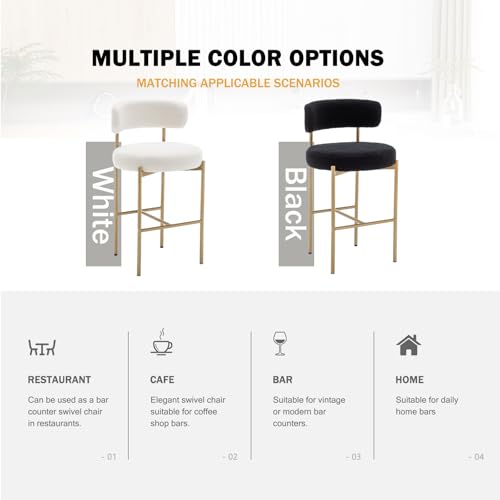 Image of Cinxzar Boucle Bar Stools Set of 4, Black Counter Height Bar Stools with Backs, Gold Modern Barstools for Kitchen Island, Pub, Club