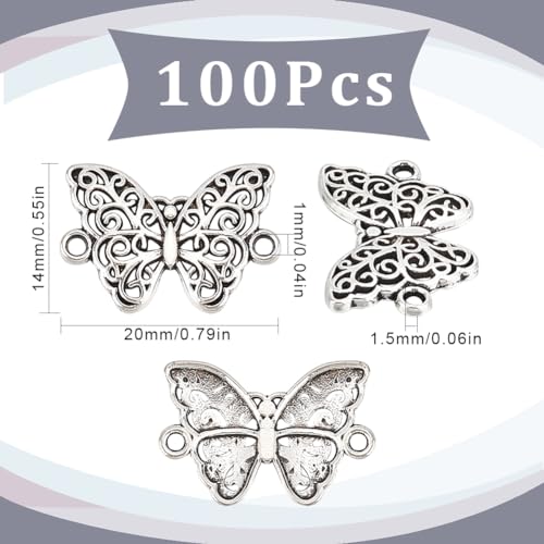 SUNNYCLUE 1 Box 100Pcs Butterfly Connector Charm Metal Animals Charms Silver Hollow Butterflies Link Connectors Tibetan Animal Insect Charms for jewellery Making Charms Necklace Bracelet DIY Craft - Image 2