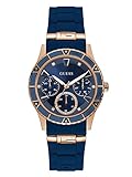 GUESS Rose Gold-Tone + Iconic Blue Stain Resistant Silicone Watch with Day, Date + 24 Hour Military/Int'l Time. Color: Blue (Model: U1157L3)
