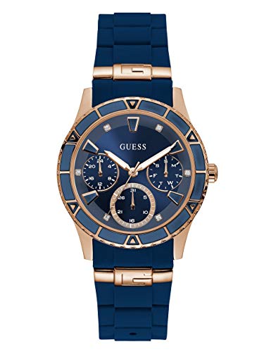 GUESS Rose Gold-Tone + Iconic Blue Stain Resistant Silicone Watch with Day, Date + 24 Hour Military/Int'l Time. Color: Blue (Model: U1157L3)