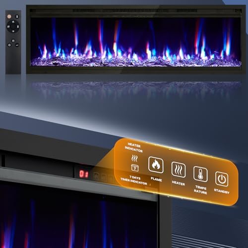 GarveeHome 50 in Electric Fireplace Wall Mounted/Recessed with Remote Control, 4.2 in Ultra-Thin Linear Fireplace Heater 750W/1500W with Timer, 12-Color Flames, Log & Crystal Options - Thumbnail 3