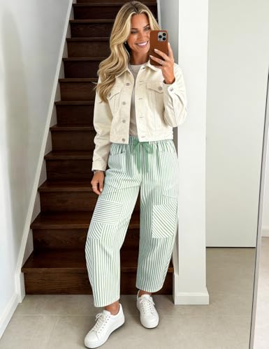 Image of TARSE Womens Striped Linen Barrel Pants with Pockets Y2k Patchwork
