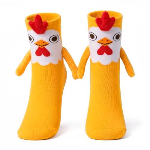 COZYMATE Funny Chicken Magnetic Socks That Holding Hand for Women Novelty Wacky Animal Socks for Adult Christmas Gag Gifts (US Alpha One Size Regular Regular Yellow)