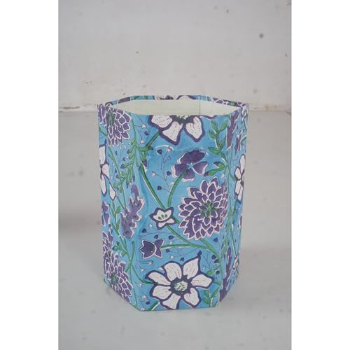 Image of Floral Hand Block Printed 3.3 Gallon Decorative Waste Basket - Eco-Friendly Cardboard Trash Can, Plastic-Free & Sustainable, Perfect for Christmas and Housewarming Gifts (1, Green Sky Blue FLOWAR)