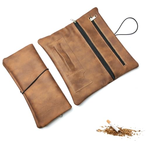 Bolsa de tabaco de piel, multicapa, portátil incluye compartimento para filtro y soporte para placas, bolsa de tabaco con cuerda, bolsa de tabaco de piel con plegable (marrón)