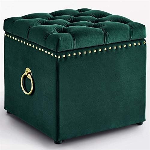 WellHouze Square Ottoman with Knob Handle Velvet Fabric Seating Stool Foot Rest Upholstered Makeup Dressing Stool Padded Seat Shoe Bench for Living Room Entryway Office Green (No Storage Included)-image-11
