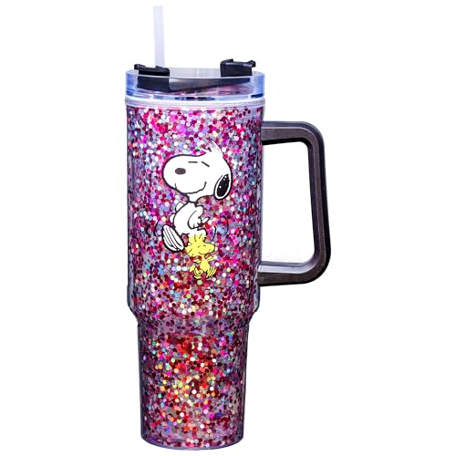 Image of Spoontiques Peanuts 40oz Glitter Acrylic Travel Mug - Double Wall Acrylic with Sliding Lock Travel Lid and Straw - 11 inch Tall