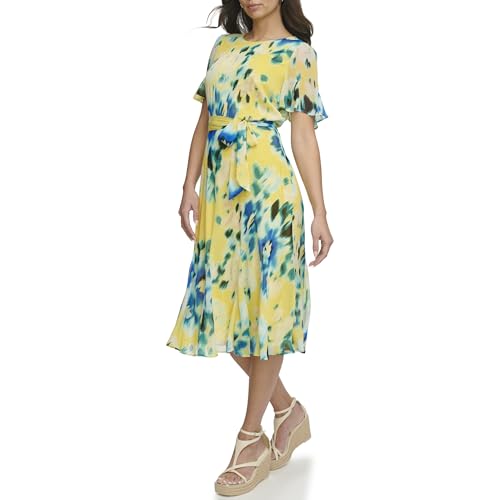 Image of DKNY Women's Flutter Sleeve Round Neck Waist Tie Midi Dress