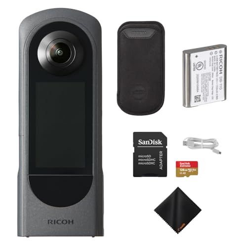 Image of RICOH Theta X 360° Camera – 5.7K Video & Dual 48MP Sensor for Immersive Content Creation with 128GB Extreme UHS-I microSDXC Memory Card and SD Adapter, Waith Cleaning Cloth Bundle Set