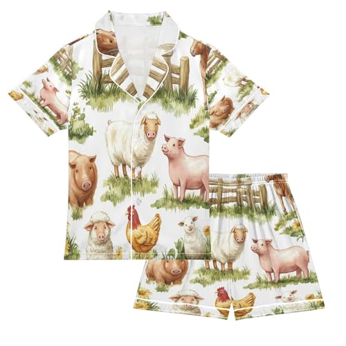 Satin Pajama Sets Short Sleeve Cute Farm Animals on Grass Button Down Silky Nightwear 2 Piece PJS 5-14Y