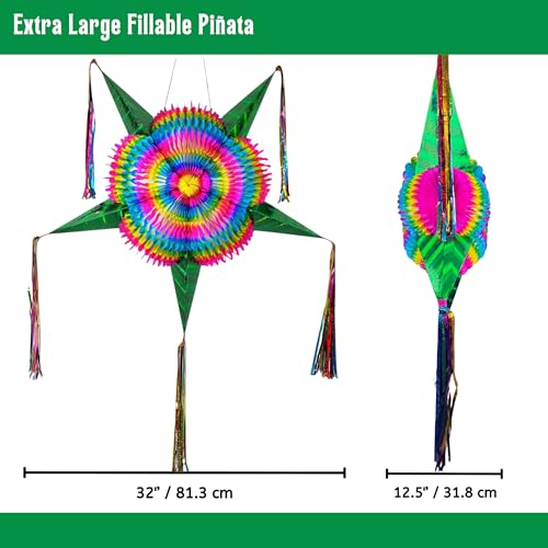 Mexican Pinata (32 inches), Piñatas for Birthday Party, Cinco de Mayo Pinatas, Handmade and Foldable Mexican Star Piñata, 25-ft Rope Included by TexMex Fun Stuff