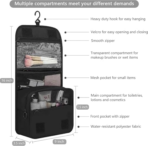 Image of Travel Toiletry Bag with Hanging Hook, Waterproof Cosmetic Organizer Pouch, Foldable Makeup Storage Case with Mesh & Transparent Compartments, Portable Travel Accessories Bag (Black Black)