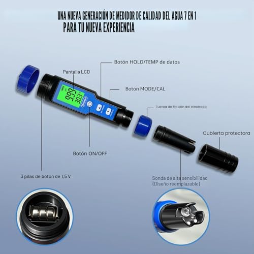 Miniatura 2 de Ueomul Ph Metro 7-En-1, Probador Ph Tds Ec Salt Orp S.G Temperatura, Profesional Prueba Calidad Agua De 0.01 Ph Alta Precisión Para Piscina, Acuario, Agua Potable, Hidroponía